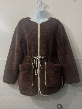 Varley Angelina Sherpa Teddy Fleece Coat Jacket Brown S Quiet Luxury Lounge Cozy